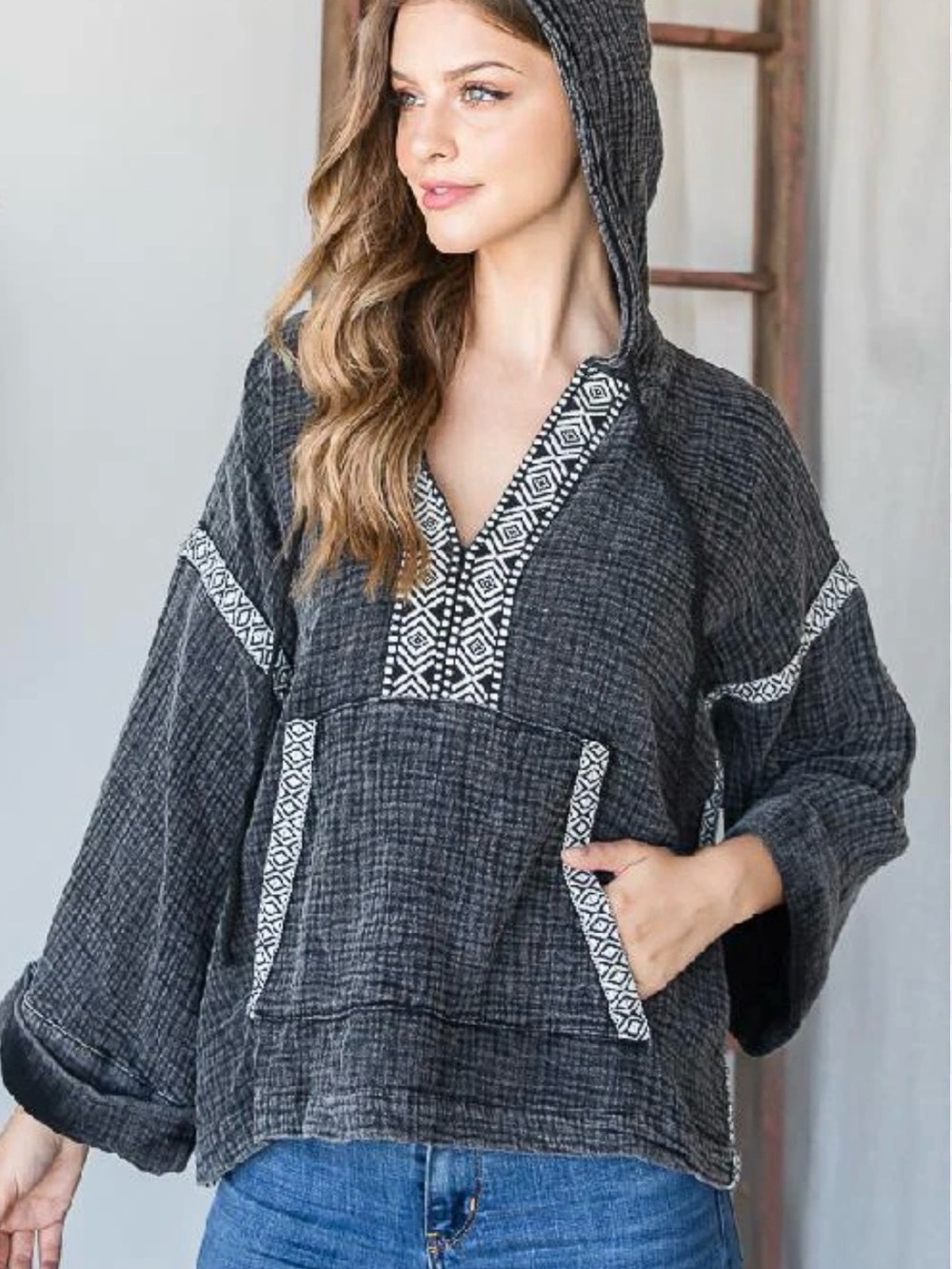 Oli & Hali Charcoal Gauze Hoodie Boho Pullover Top Small Kangaroo Pocket